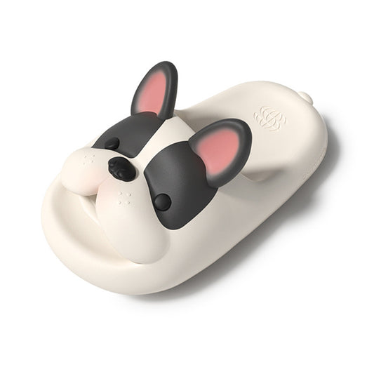 Cute animal French bulldog EVA slide sandals with black ears and pink inner ear, textured footbed indoor shoes with EVA sole