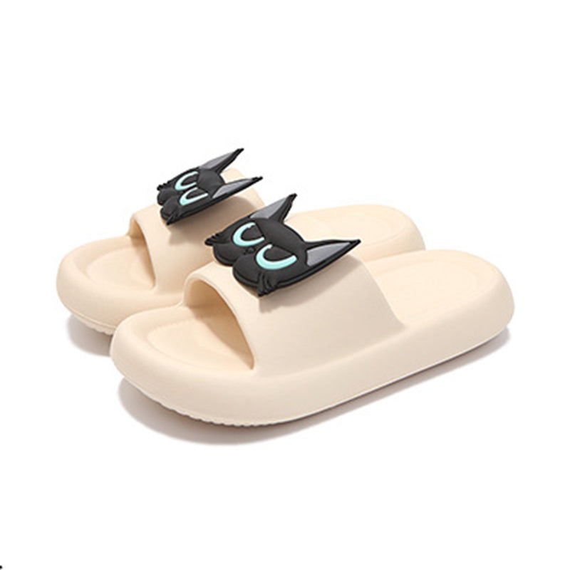 Cute beige EVA cat face slide sandals with 3D blue eyes, summer slippers for indoor and outdoor