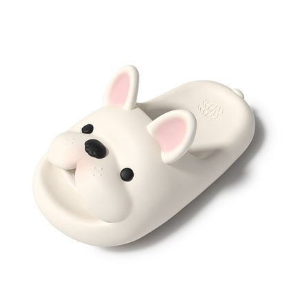 Cute beige French bulldog EVA slide sandals with black ears and pink inner ear, textured footbed indoor shoes with EVA sole
