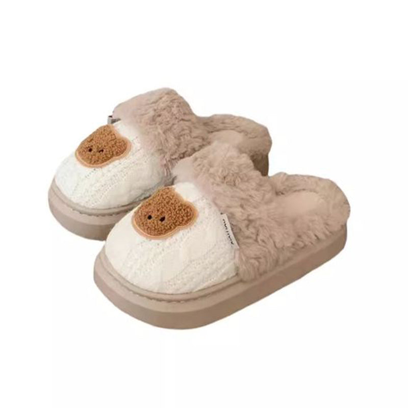 Cute beige knit bear slippers with fuzzy trim and brown bear patch, warm knit fabric indoor shoes with EVA sole