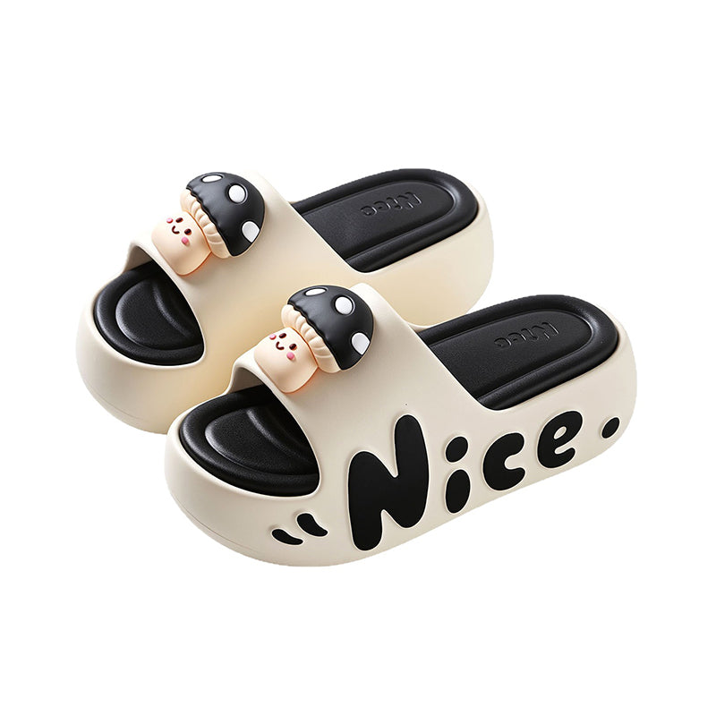 Cute beige mushroom character EVA slide sandals with black dot cap and "Nice" print, chunky indoor shoes