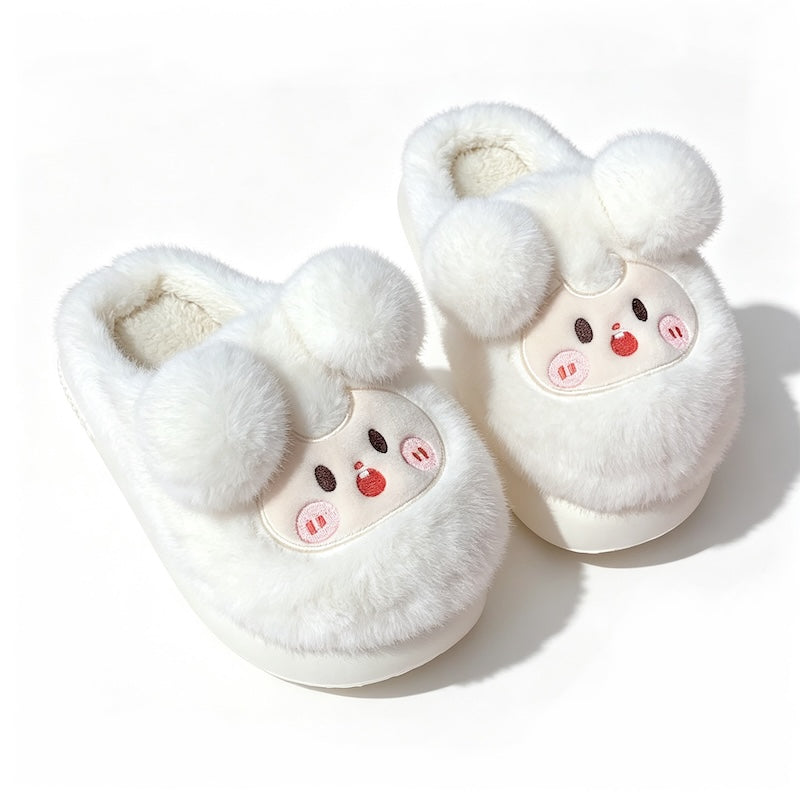 Cute beige sheep plush slippers with round fluffy ears and embroidered face patch, fuzzy indoor shoes with EVA sole