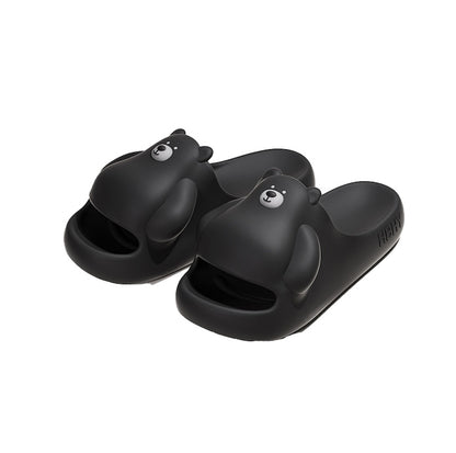 Cute black 3D bear EVA slide sandals with round ears and hugging arms, lightweight indoor shoes