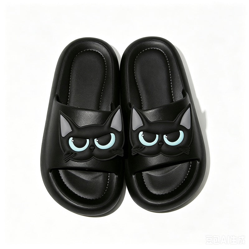 Cute black EVA slippers with 3D cat face and blue eyes, slip-on summer sandals