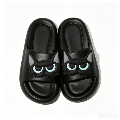 Cute black EVA slippers with 3D cat face and blue eyes, slip-on summer sandals