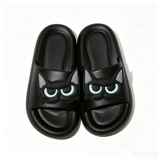 Cute black EVA slippers with 3D cat face and blue eyes, slip-on summer sandals