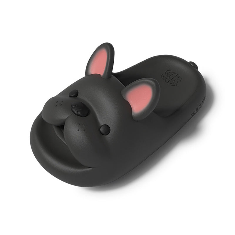 Cute black French bulldog EVA slide sandals with black ears and pink inner ear, textured footbed indoor shoes with EVA sole