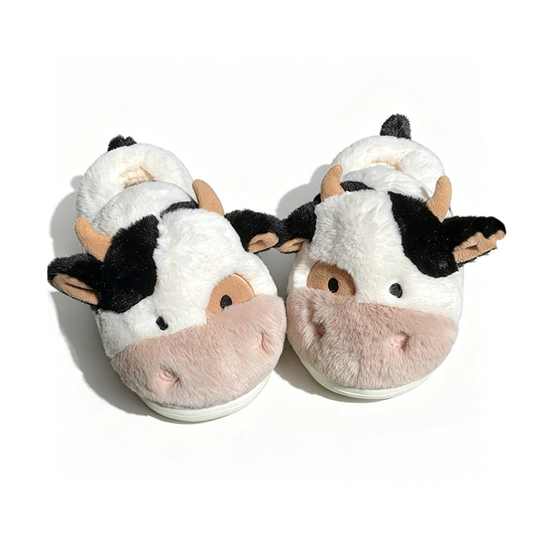Cute black and white cow plush slippers with brown nose and horns, closed-back fuzzy indoor shoes with EVA sole
