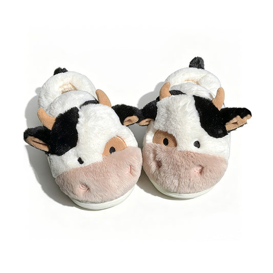 Cute black and white cow plush slippers with brown nose and horns, closed-back fuzzy indoor shoes with EVA sole