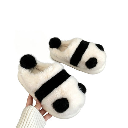 Cute black and white panda block plush slippers with pom-pom nose and tail, fuzzy indoor shoes with EVA sole