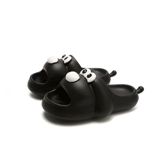 Cute black cartoon dog EVA slide sandals with big white eyes and small tail, lightweight all-EVA indoor shoes
