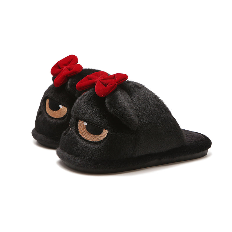 Cute black cat plush slide slippers with removable red bow and sleepy eyes, fuzzy indoor shoes with PVC sole
