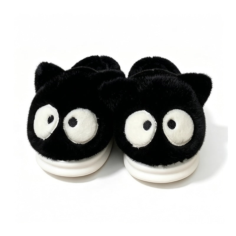 Cute black cat plush slippers with big googly eyes and tail, closed-back fuzzy indoor shoes with EVA sole