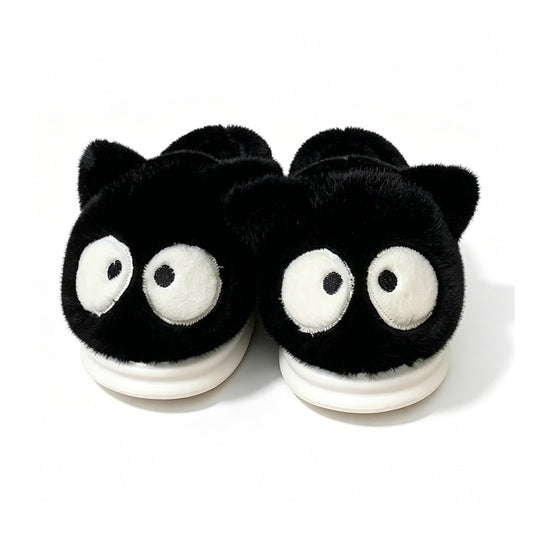 Cute black cat plush slippers with big googly eyes and tail, closed-back fuzzy indoor shoes with EVA sole