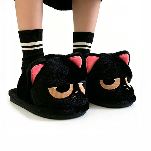 Cute black cat plush slippers with half-closed eyes and pink inner ears, fuzzy indoor shoes