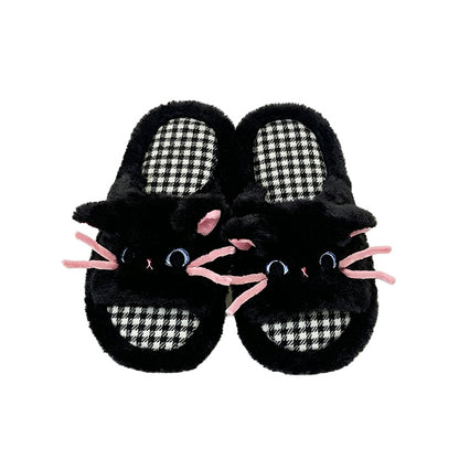 Cute black cat plush slippers with pink 3D whiskers and houndstooth footbed, fuzzy indoor shoes with EVA sole