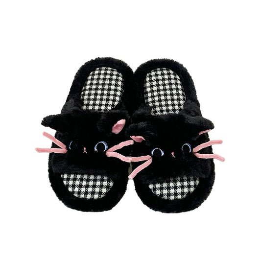 Cute black cat plush slippers with pink 3D whiskers and houndstooth footbed, fuzzy indoor shoes with EVA sole