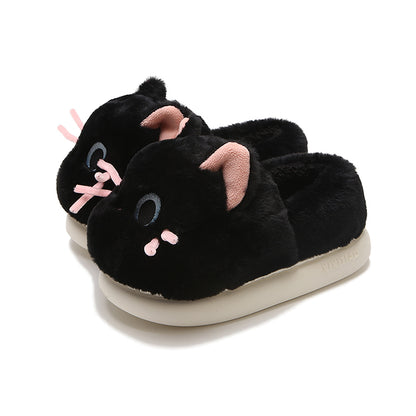 Cute black cat plush slippers with pink ears, blue eyes, and pink whiskers, closed-back fuzzy indoor shoes with EVA sole