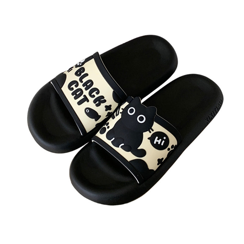 Cute black cat print EVA slide sandals with "Hi" bubble and text, all-EVA slip-on shoes for indoor and outdoor