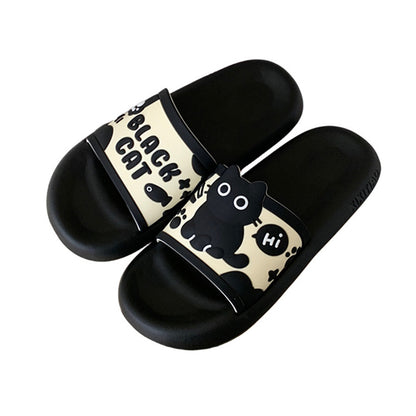 Cute black cat print EVA slide sandals with "Hi" bubble and text, all-EVA slip-on shoes for indoor and outdoor