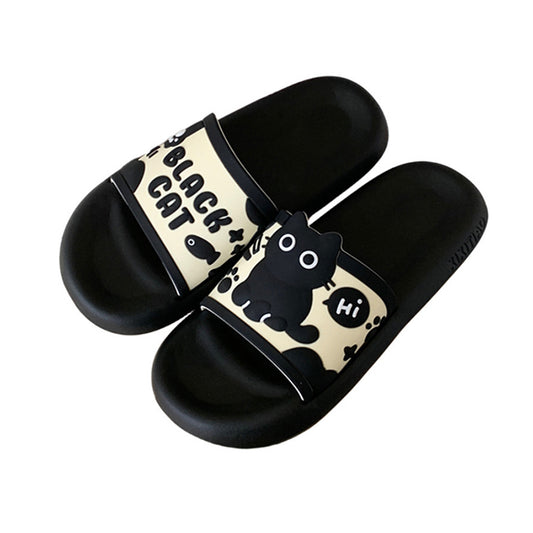 Cute black cat print EVA slide sandals with "Hi" bubble and text, all-EVA slip-on shoes for indoor and outdoor