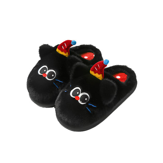 Cute black clown cat plush slippers with red hat, blue pom-pom, and red nose, fuzzy indoor shoes