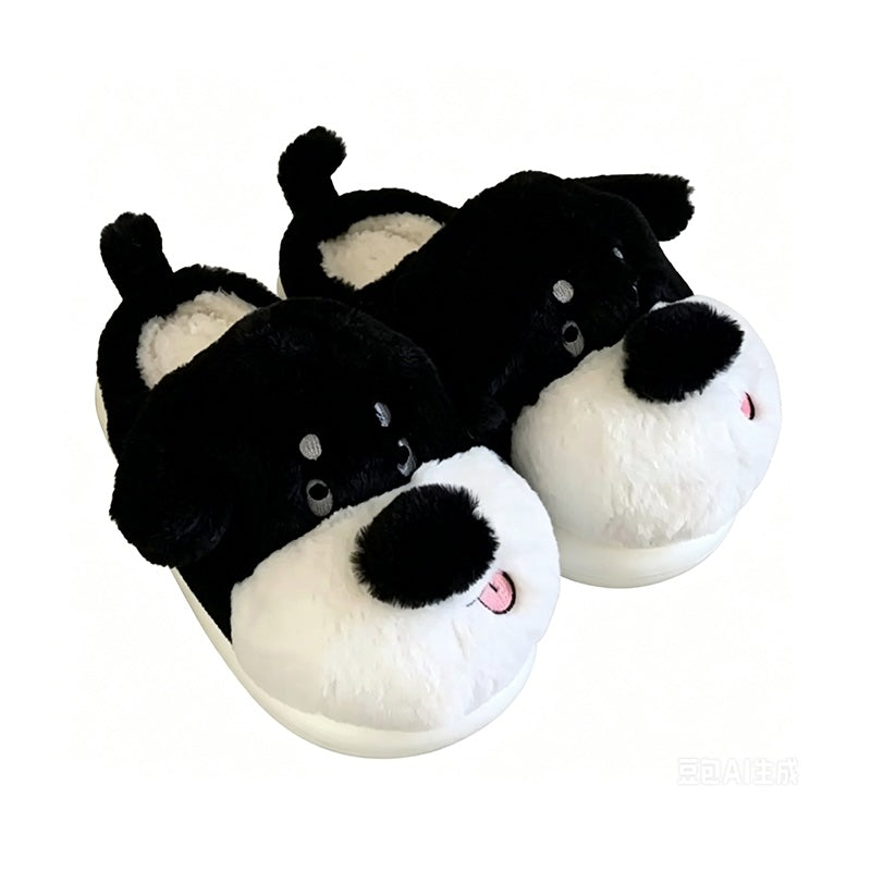 Cute black dog plush slippers with light brown nose and pink tongue, long-body fuzzy indoor shoes with EVA sole