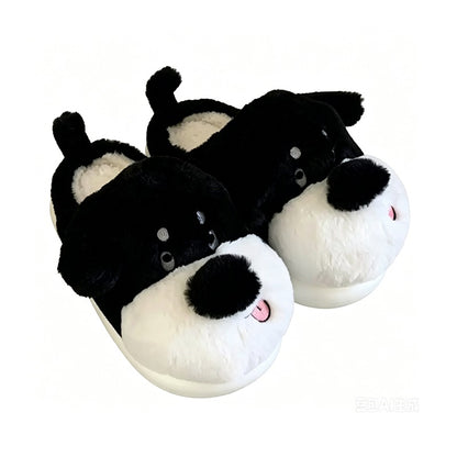 Cute black dog plush slippers with light brown nose and pink tongue, long-body fuzzy indoor shoes with EVA sole