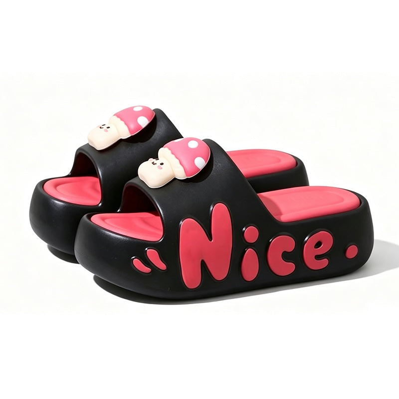 Cute black mushroom character EVA slide sandals with black dot cap and "Nice" print, chunky indoor shoes