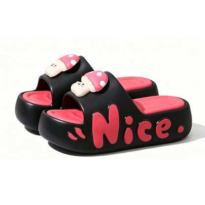 Cute black mushroom character EVA slide sandals with black dot cap and "Nice" print, chunky indoor shoes