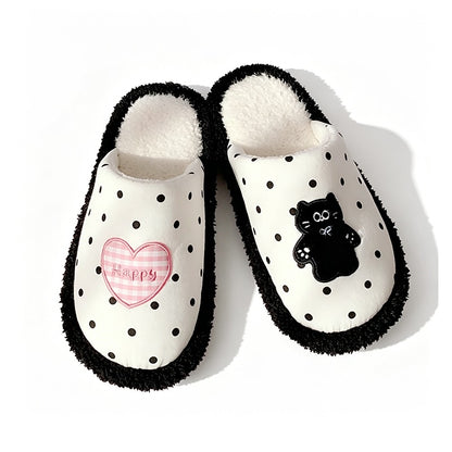 Cute black polka dot indoor slippers with pink heart and black cat patch, fuzzy lined fabric shoes with PVC sole