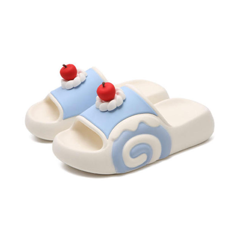 Cute blue cherry cake EVA slide sandals with cream swirl and cherry topper, lightweight indoor shoes