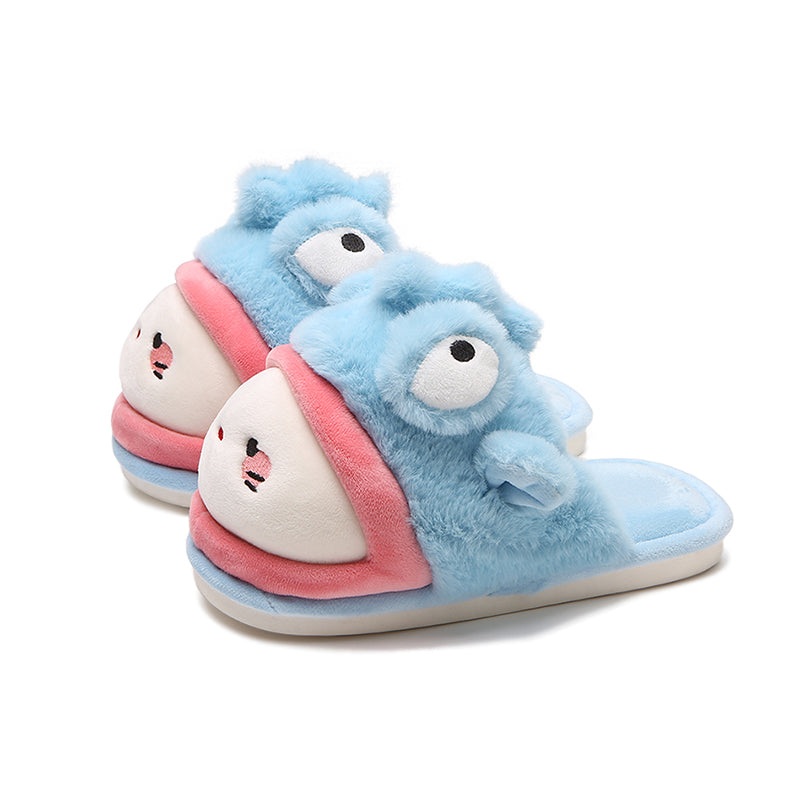 Cute blue fish and cat plush slippers with big fish eyes and pink trim, fuzzy indoor shoes with PVC sole
