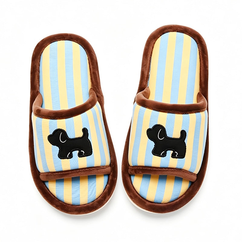 Cute blue striped dog design slippers with black dog silhouette and brown trim, indoor shoes with EVA sole