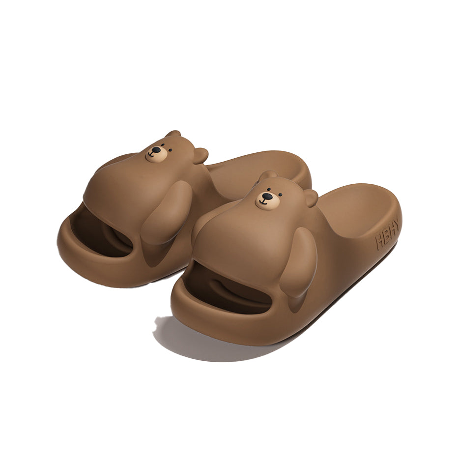 Cute brown 3D bear EVA slide sandals with round ears and hugging arms, lightweight indoor shoes