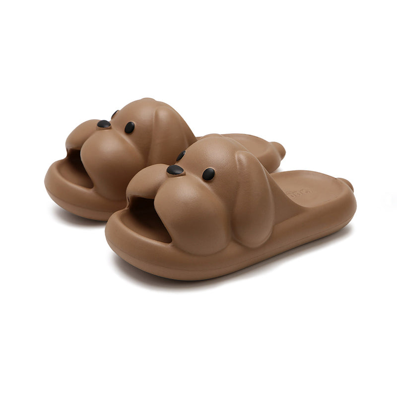 Cute brown 3D dog EVA slide sandals with big nose and floppy ears, lightweight indoor slip-on shoes