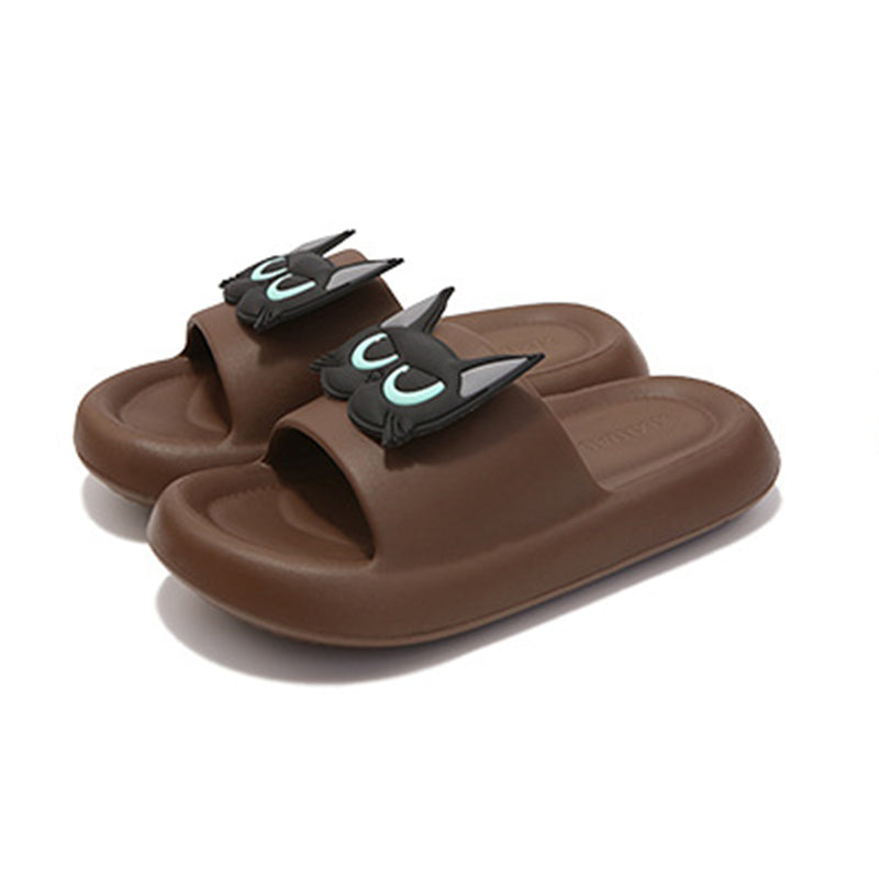 Cute brown EVA cat face slide sandals with 3D blue eyes, summer slippers for indoor and outdoor