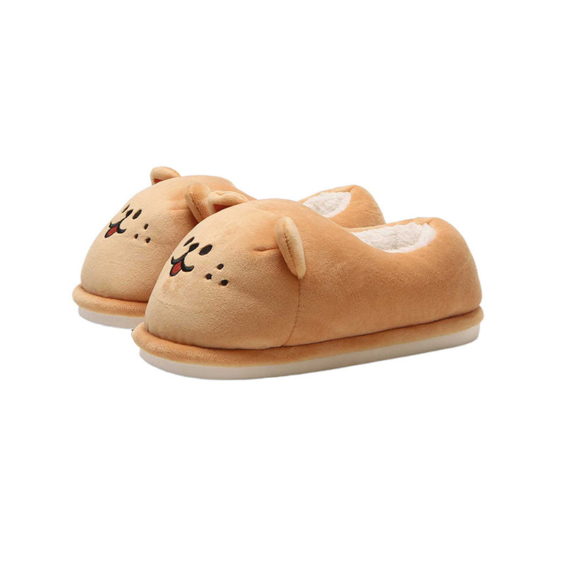 Cute brown Shiba Inu dog face bootie slippers with 3D ears and embroidered face, fuzzy indoor shoes with PVC sole