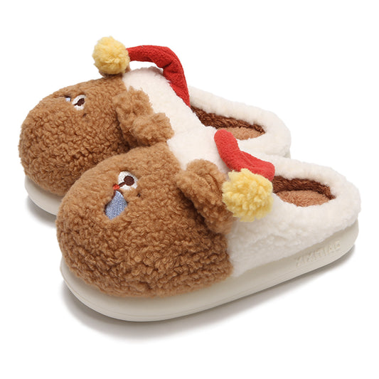 Cute brown and white bear plush slippers with red sleeping hat and pompom, indoor shoes with EVA sole