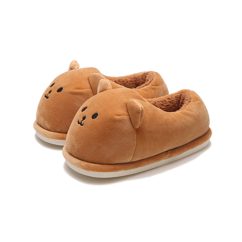 Cute brown bear face bootie slippers with 3D ears and embroidered smile, fuzzy indoor shoes with PVC sole