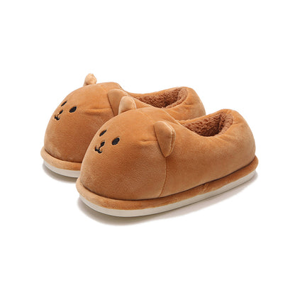 Cute brown bear face bootie slippers with 3D ears and embroidered smile, fuzzy indoor shoes with PVC sole