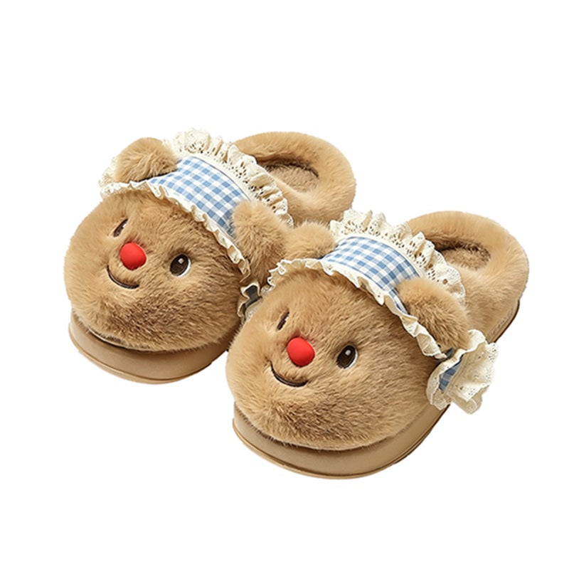 Cute brown bear plush slippers with blue gingham hat and red nose, ruffled trim indoor shoes with EVA sole