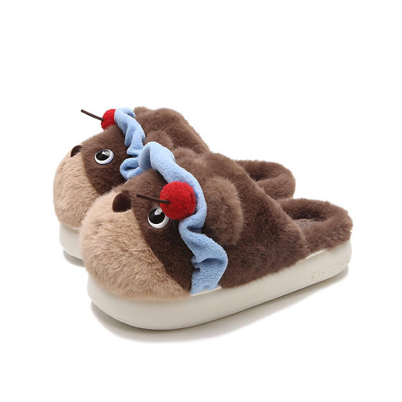 Cute brown bear plush slippers with blue ruffled headband and cherry topper, fuzzy indoor shoes with EVA sole