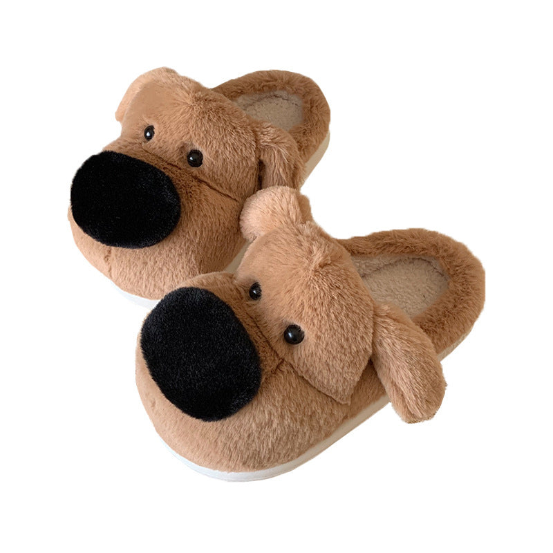 Cute brown big nose dog plush slippers with black dot eyes and floppy ears, closed-back fuzzy indoor shoes with EVA sole