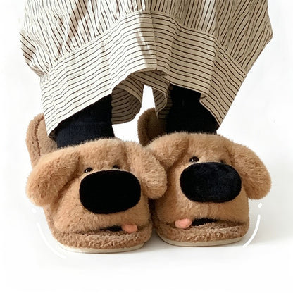Cute brown big nose dog plush slippers with black nose, open mouth, and pink tongue, warm indoor shoes with PVC sole