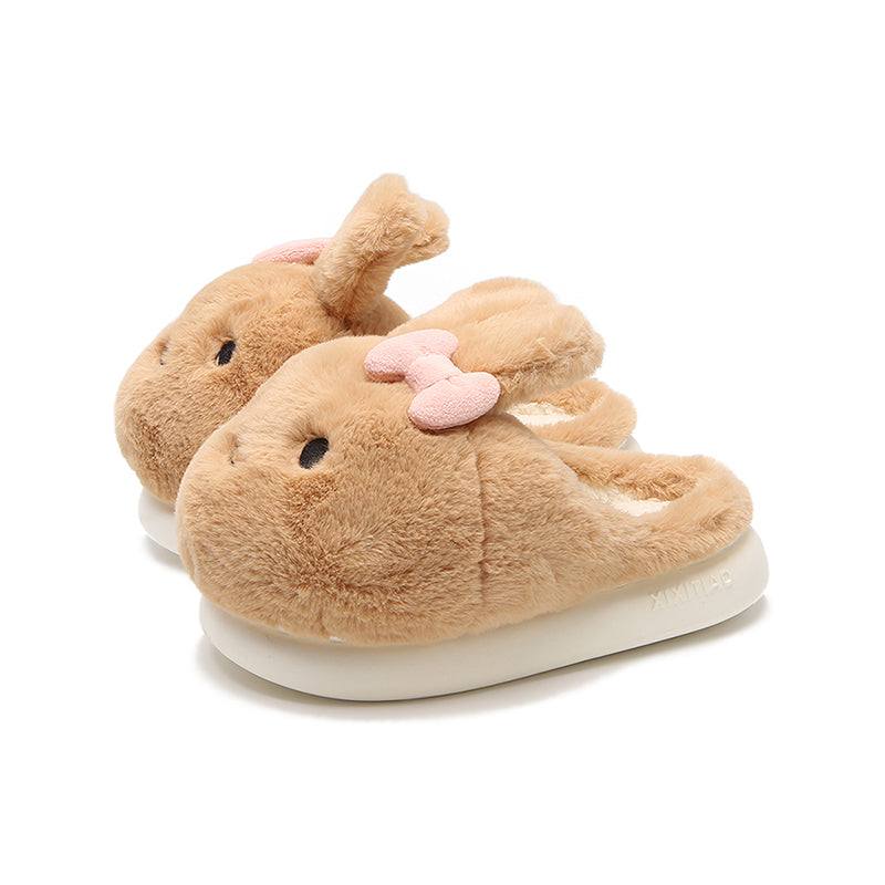 Cute brown bunny plush slide slippers with pink bow and floppy ears, fuzzy indoor shoes with EVA sole
