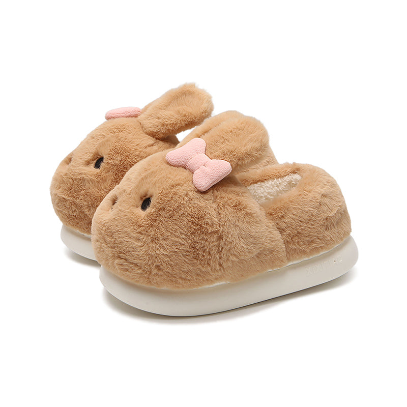 Cute brown bunny plush slippers with pink bow and floppy ears, closed-back fuzzy indoor shoes with EVA sole