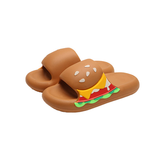 Cute brown burger design EVA slide sandals with layered toppings and sesame bun, lightweight all-EVA indoor shoes