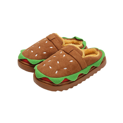 Cute brown burger design closed-back slippers with sesame bun and lettuce trim, plush indoor shoes with EVA sole
