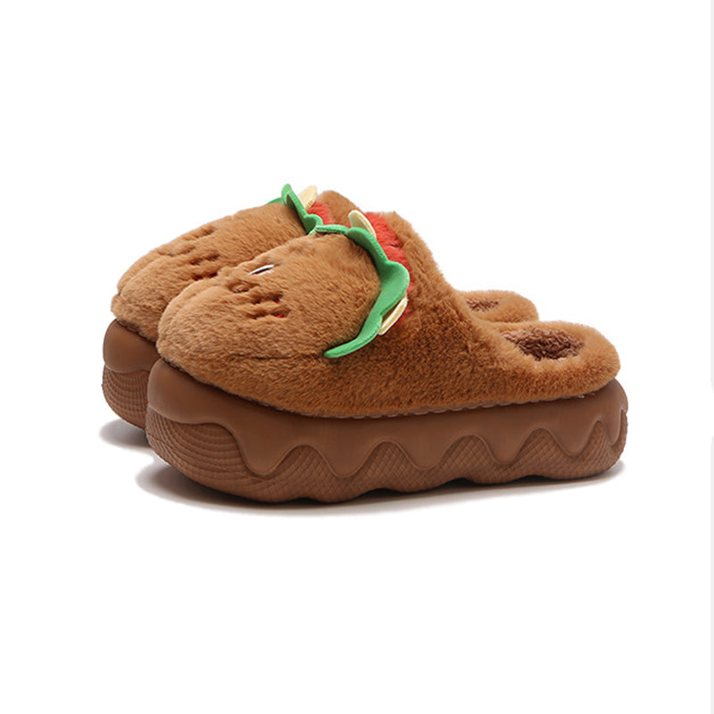 Cute brown burger plush slippers with lettuce topper and face design, closed-back thick sole indoor shoes with EVA sole